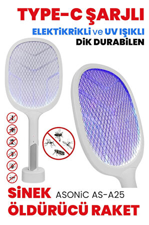 GüncelÇarşı Type-c Şarjlı Uv Işıklı Sinek Raketi Dik Durabilen Elektrikli Sinek Öldürücü, Asonic As-a25