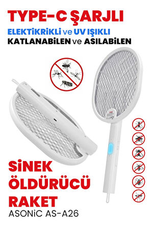 GüncelÇarşı Type-C Şarjlı UV Işıklı Sinek Raketi Katlanabilir Askılı Elektrikli Sinek Öldürücü, Asonic AS-A26
