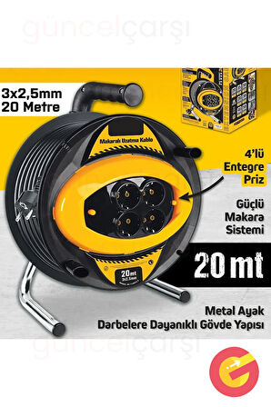 GüncelÇarşı 20 Metre Makaralı 4'lü Priz, Uzatma Kablo Grup Priz, Metal Ayaklı, Topraklı Priz, Dayanıklı Gövde