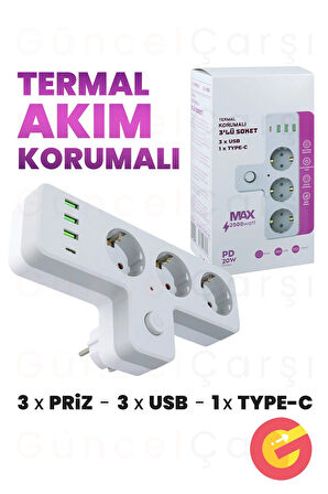 GüncelÇarşı Termal Akım, Çocuk Korumalı 3'lü Duvar T Priz 3xUSB 1xTYPE-C 20W, Isıya Dayanıklı Topraklı Üçlü Priz