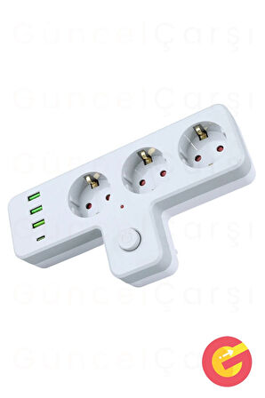 GüncelÇarşı Termal Akım, Çocuk Korumalı 3'lü Duvar T Priz 3xUSB 1xTYPE-C 20W, Isıya Dayanıklı Topraklı Üçlü Priz
