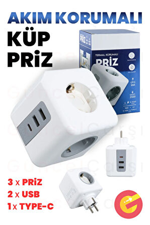 GüncelÇarşı Termal Akım ve Çocuk Korumalı 3 lü Duvar Küp Priz 2xUSB, 1xTYPE-C Isıya Dayanıklı Topraklı Üçlü Priz