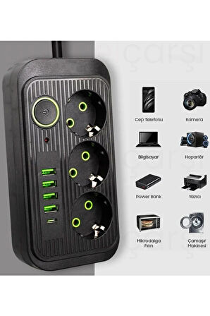 GüncelÇarşı Akım Korumalı 3'lü Çoklu Priz, 4 Usb + 1 Type C Pd, 1.5 Mt Kablo, Üçlü Grup Priz - Siyah