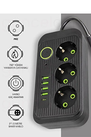 GüncelÇarşı Akım Korumalı 3'lü Çoklu Priz, 4 Usb + 1 Type C Pd, 1.5 Mt Kablo, Üçlü Grup Priz - Siyah