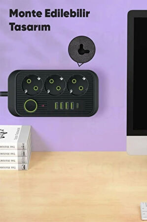 GüncelÇarşı Akım Korumalı 3'lü Çoklu Priz, 4 Usb + 1 Type C Pd, 1.5 Mt Kablo, Üçlü Grup Priz - Siyah
