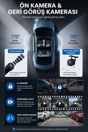 Sesli Komut Akıllı Ekran Seyir Cihazı Araç Kamerası Ön Arka Wifi Bluetooth 4K Carplay T94c41