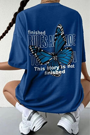 Kelebek Tasarımlı Sırt Baskılı Mavi Oversize Tshirt