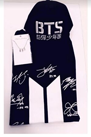 Bts İmza Baskılı Unisex T- Shirt Bts Kolye Bts Şapka 3'lü Kombin