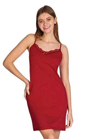 Düz Renk Bordo Dantelli Ip Askılı Likralı Penye Gecelik