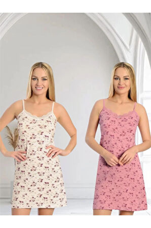 Kadın Dantelli Ip Askılı Likralı Penye Gecelik 2 Li Paket