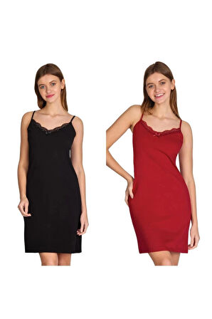 Düz Renk Siyah Bordo Dantelli Ip Askılı Likralı Penye Gecelik 2 Li Paket