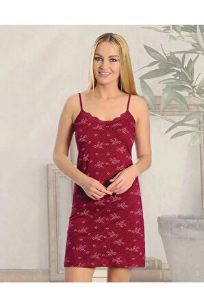 Lacivert Bordo Dantelli Ip Askılı Likralı Penye Gecelik