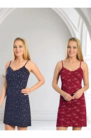 Lacivert Bordo Dantelli Ip Askılı Likralı Penye Gecelik