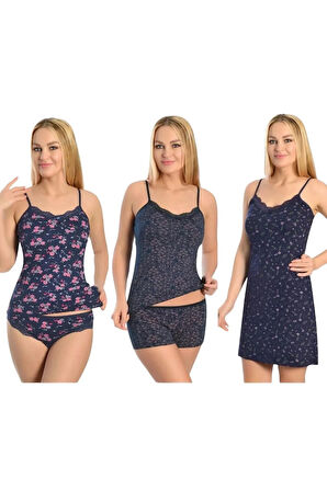 Kadın Dantelli Ip Askılı Likralı Penye Gecelik - Atlet Şort - Atlet Külot Takım 3 lü Çeyizlik Takım