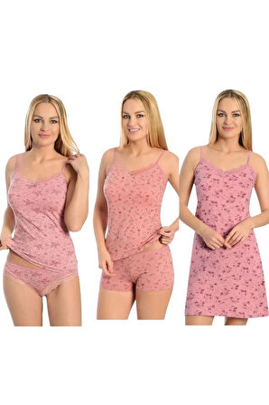 Kadın Dantelli Ip Askılı Likralı Penye Gecelik - Atlet Şort - Atlet Külot Takım 3 lü Çeyizlik Takım