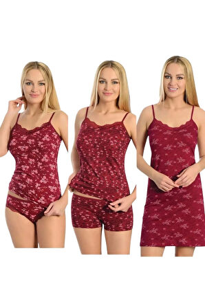 Kadın Dantelli Ip Askılı Likralı Penye Gecelik - Atlet Şort - Atlet Külot Takım 3 lü Çeyizlik Takım