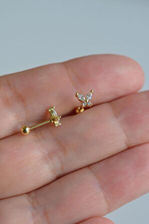 Gold Çelik Zirkon Kelebekli Helix Piercing Kıkırdak Lob