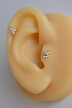 Gold Çelik Zirkon Kelebekli Helix Piercing Kıkırdak Lob