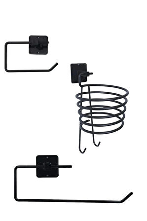 siyah metal yapışkanlı 3'lü set Fön Makinesi Tutucu -Tuvalet Kağıdı-Kağıt Havlu