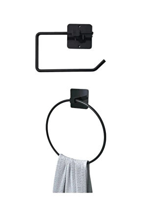 siyah metal yapışkanlı 2'li set yuvarlak havluluk - tuvalet kağıtlığı