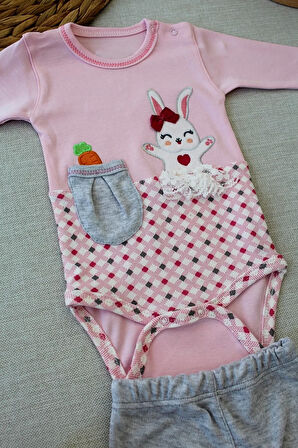 3-6 9-12 12-18 Ay Havuç Tavşan Nakışlı Bandanalı Uzun Kollu Zıbınlı 3lü Kız Bebek Tak Pembe