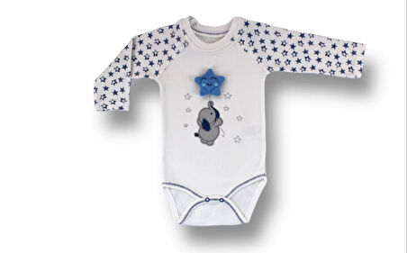 3-6 6-9 9-12 Ay Kutup Yıldızı Nakışlı Bandajlı Uzun Kollu Zıbınlı 3lü Erkek Bebek Takımı Ekru