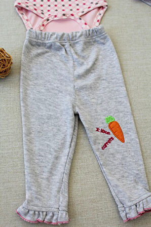 3-6 9-12 12-18 Ay Havuç Tavşan Nakışlı Bandanalı Uzun Kollu Zıbınlı 3lü Kız Bebek Tak Pembe