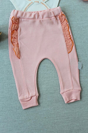 3-6 6-9 9-12 Ay Hello Nakışlı Kruvaze Bandanalı Uzun Kollu Zıbınlı 3lü Kız Bebek Takımı Somon