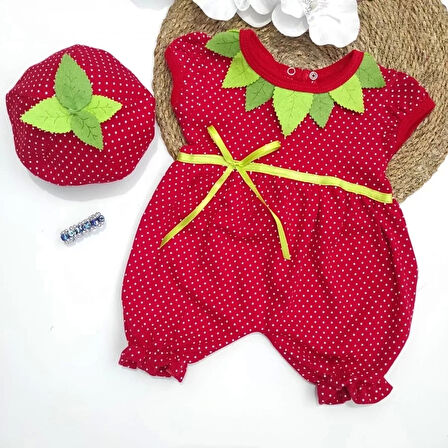 3-6-9 Ay Çilek Bebekler Penye Kumaş Kısa Kollu Kız Erkek Bebek Tulumu Kırmızı