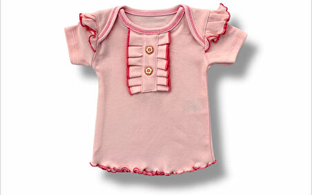 3-6 6-9 9-12 12-18 Ay Düğme Detaylı Bandanalı Kısa Kollu Sweat 3lü Kız Bebek Takımı Pudra