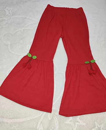 1-2-3-4 Yaş Kiraz Baskılı Tişört İspanyol Paçalı Likralı 2li Kız Çocuk Takımı Kırmızı