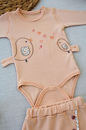 3-6 6-9 9-12 Ay Şarkıcı Kuşlar Nakışlı Bandanalı Uzun Kollu Zıbınlı 3lü Kız Bebek Takımı Buğday