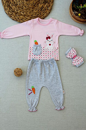 3-6 9-12 12-18 Ay Havuç Tavşan Nakışlı Bandanalı Cepli Uzun Kollu Sweatli 3lü Kız Bebek Tak Pembe