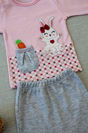 3-6 9-12 12-18 Ay Havuç Tavşan Nakışlı Bandanalı Cepli Uzun Kollu Sweatli 3lü Kız Bebek Tak Pembe