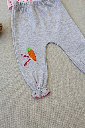 3-6 9-12 12-18 Ay Havuç Tavşan Nakışlı Bandanalı Cepli Uzun Kollu Sweatli 3lü Kız Bebek Tak Pembe