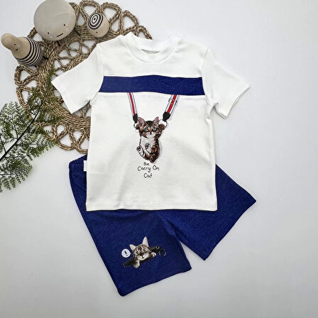 1-2-3 Yaş Fermuarlı Kedi Baskılı Şortlu Kısa Kollu Tişört 2li Erkek Bebek Takımı İndigo