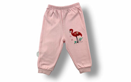 3-6 6-9 9-12 Ay Flamingo Nakışlı Uzun Kollu Sweatli 2li Kız Bebek Takımı Ekru