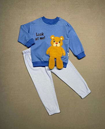 2-3-4 Yaş Ayıcık Sallanan Ayak Desenli Likra Penye Kumaş Sweat Pantolonlu Kız Erkek 2li Çocuk Takımı İndigo