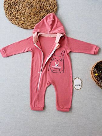 6-9 9-12 Ay Ef Çizgi Boy Fermuarlı Tavşan Nakışlı Kapşonlu Kız Erkek Bebek Tulumu Gül Kurusu