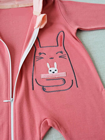 6-9 9-12 Ay Ef Çizgi Boy Fermuarlı Tavşan Nakışlı Kapşonlu Kız Erkek Bebek Tulumu Gül Kurusu