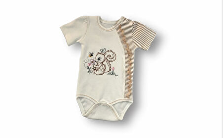 3-6 6-9 9-12 Ay Minik Sincap Nakışlı Şapkalı Uzun Kollu Zıbınlı 3lü Kız Bebek Takımı Kahverengi