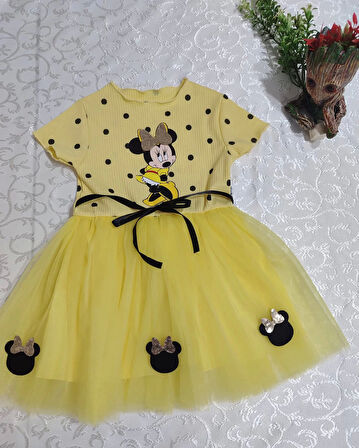 2-3-4 Yaş Puantiyeli Mickey Baskılı Kurdela Kuşaklı Astarlı Kız Bebek Tütü Elbisesi Sarı