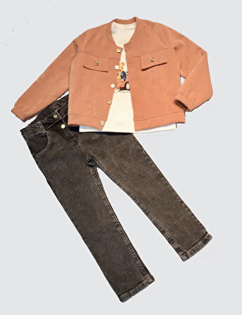 4-5-6 Yaş Kot Pantolonlu Nubukceketli Uzun Kollu Penye Sweat 3lü Erkek Çocuk Takımı Kiremit