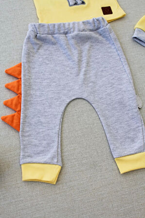 3-6 6-9 9-12 Ay Minik Dino Nakışlı Şapkalı Uzun Kollu Sweat 3lü Kız-erkek Bebek Takımı Sarı