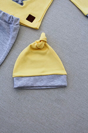 3-6 6-9 9-12 Ay Minik Dino Nakışlı Şapkalı Uzun Kollu Sweat 3lü Kız-erkek Bebek Takımı Sarı