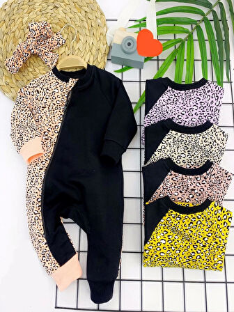 3-6-9-12 Ay Bandanalı Leopar Desenlı Fermuar Kapama Kız Bebek Tulumu Bej