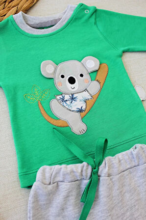 3-6 6-9 9-12 12-18 Ay Yavru Koala Nakışlı Uzun Kollu Sweat 2li Kız Erkek Bebek Takımı Yeşil