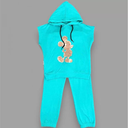 3-4-5 Yaş Kapşonlu Payetli Mickey Desenli Kısa Kol 2li Kız Erkek Çocuk Takımı Turkuaz