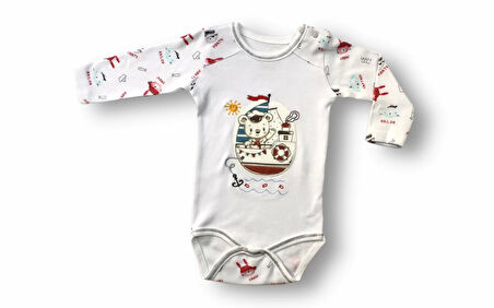 3-6 6-9 9-12 Ay Minik Korsan Nakışlı Şapkalı Uzun Kollu Zıbınlı 3lü Kız-erkek Bebek Takımı Ekru