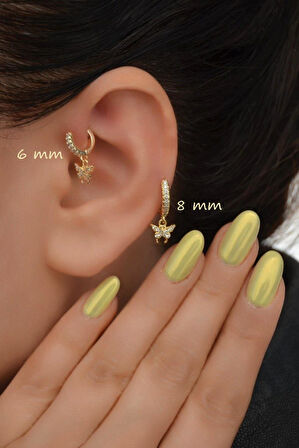 2 Adet Zirkon Kelebekli Halka Piercing Tragus Helix Forward Kıkırdak Lob Daith (1 Adet 6 mm 1 Adet 8 mm)